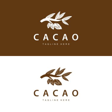 Çikolata Fasulyesi Logosu, çikolata bitkisi tasarımı. Basit tohum yaprağı ve kök konseptiyle, ticari markalaşma için.