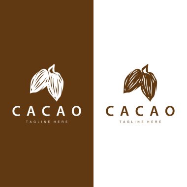 Çikolata Fasulyesi Logosu, çikolata bitkisi tasarımı. Basit tohum yaprağı ve kök konseptiyle, ticari markalaşma için.