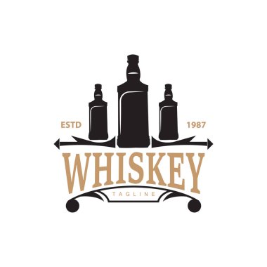 Viski Logosu Tasarımı Eski İçki Şişesi Basit Stil Retro Vintage Bar Restoranı Templet İllüstrasyon
