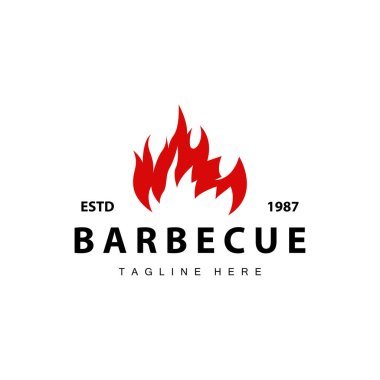 Barbekü logosu, restoran sıcak ızgara ateş logosu ve spatula basit bir illüstrasyon.