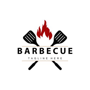 Barbekü logosu, restoran sıcak ızgara ateş logosu ve spatula basit bir illüstrasyon.