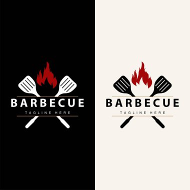 Barbekü logosu, restoran sıcak ızgara ateş logosu ve spatula basit bir illüstrasyon.