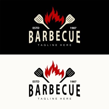 Barbekü logosu, restoran sıcak ızgara ateş logosu ve spatula basit bir illüstrasyon.