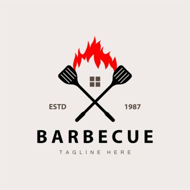 Barbekü logosu, restoran sıcak ızgara ateş logosu ve spatula basit bir illüstrasyon.