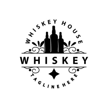 Viski Logosu Tasarımı Eski İçki Şişesi Basit Stil Retro Vintage Bar Restoranı Templet İllüstrasyon
