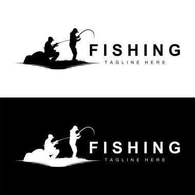 fishing logo icon vector, catch fish on the boat, outdoor sunset silhouette design clipart