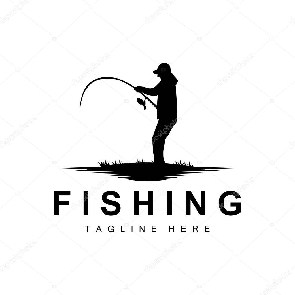 Fishing logo icon vector, catch fish on the boat, outdoor sunset silhouette design