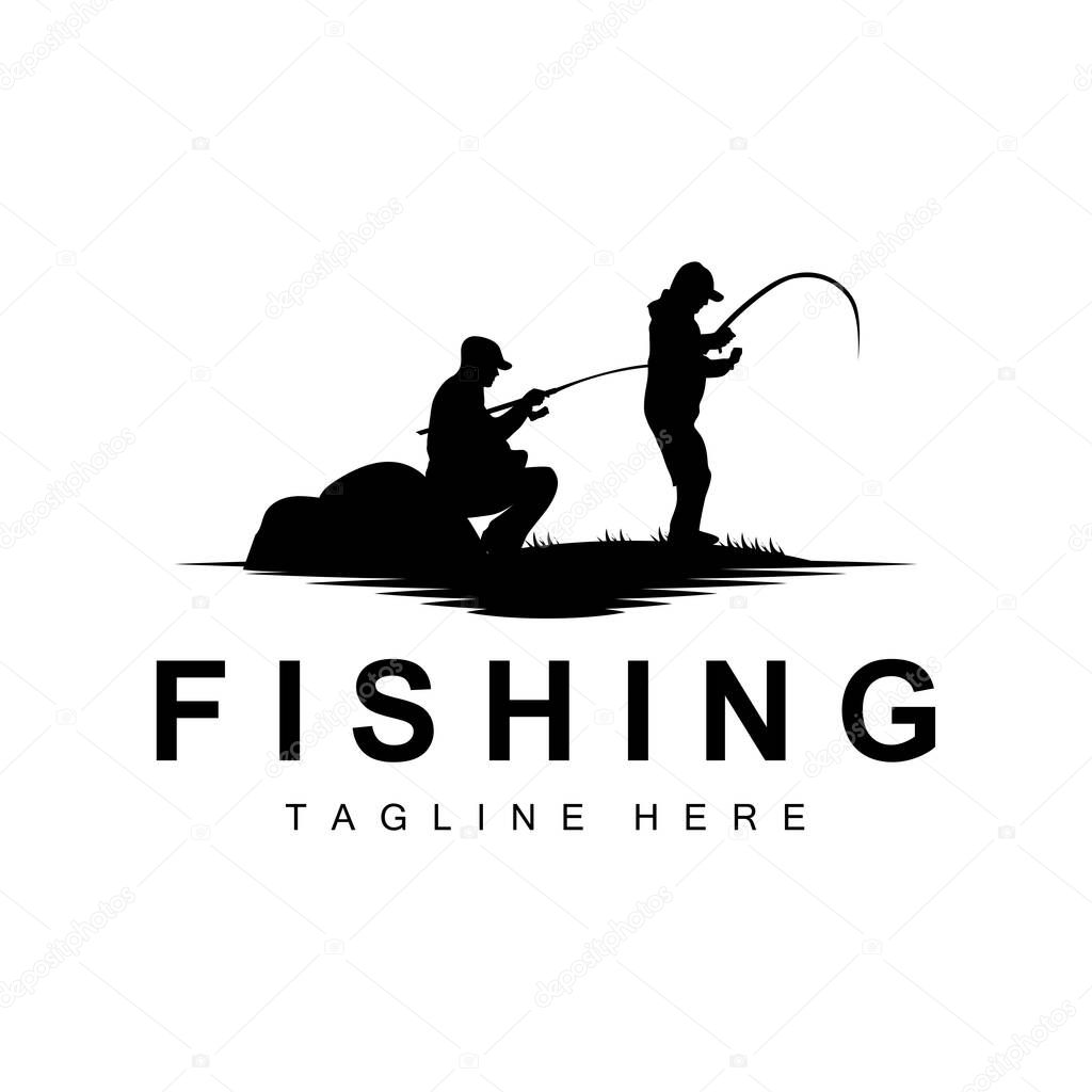 Fishing logo icon vector, catch fish on the boat, outdoor sunset silhouette design