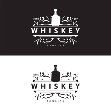 Viski Logosu Tasarımı Eski İçki Şişesi Basit Stil Retro Vintage Bar Restoranı Templet İllüstrasyon