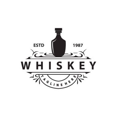 Viski Logosu Tasarımı Eski İçki Şişesi Basit Stil Retro Vintage Bar Restoranı Templet İllüstrasyon