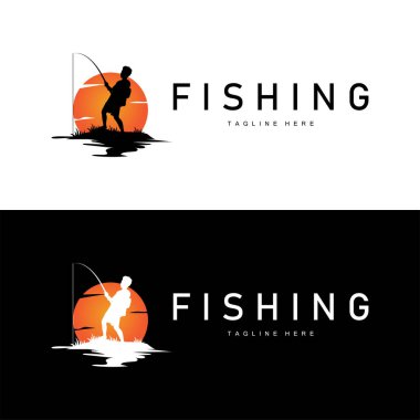 balık logosu siyah siluet balıkçı tasarımı ve açık hava günbatımı