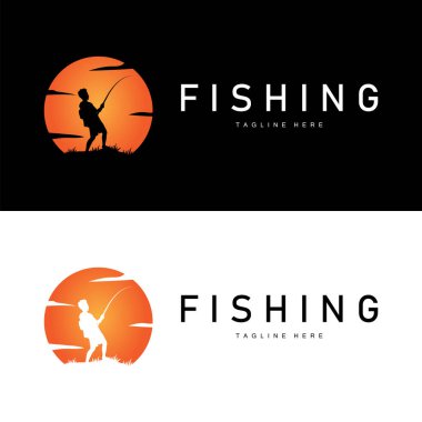 balık logosu siyah siluet balıkçı tasarımı ve açık hava günbatımı