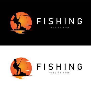 balık logosu siyah siluet balıkçı tasarımı ve açık hava günbatımı