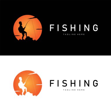 balık logosu siyah siluet balıkçı tasarımı ve açık hava günbatımı