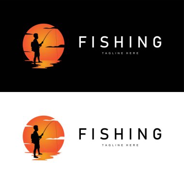 balık logosu siyah siluet balıkçı tasarımı ve açık hava günbatımı