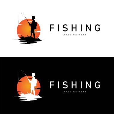 balık logosu siyah siluet balıkçı tasarımı ve açık hava günbatımı