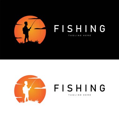 balık logosu siyah siluet balıkçı tasarımı ve açık hava günbatımı