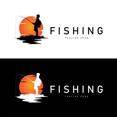 balık logosu siyah siluet balıkçı tasarımı ve açık hava günbatımı