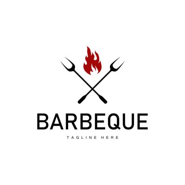 Barbekü logosu, restoran sıcak ızgara ateş logosu ve spatula basit bir illüstrasyon.
