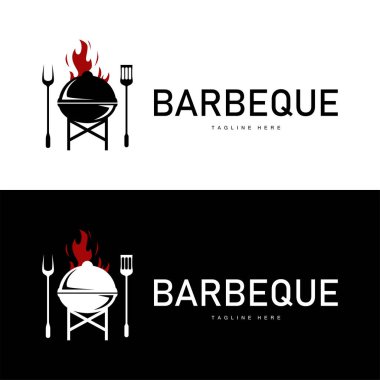 Barbekü logosu, restoran sıcak ızgara ateş logosu ve spatula basit bir illüstrasyon.