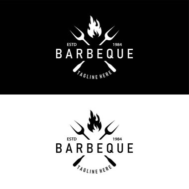 Barbekü logosu, restoran sıcak ızgara ateş logosu ve spatula basit bir illüstrasyon.