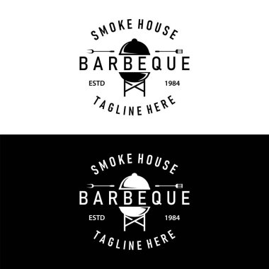 Barbekü logosu, restoran sıcak ızgara ateş logosu ve spatula basit bir illüstrasyon.
