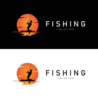 balık logosu siyah siluet balıkçı tasarımı ve açık hava günbatımı