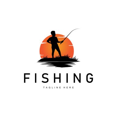 balık logosu siyah siluet balıkçı tasarımı ve açık hava günbatımı