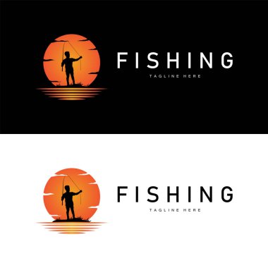 balık logosu siyah siluet balıkçı tasarımı ve açık hava günbatımı