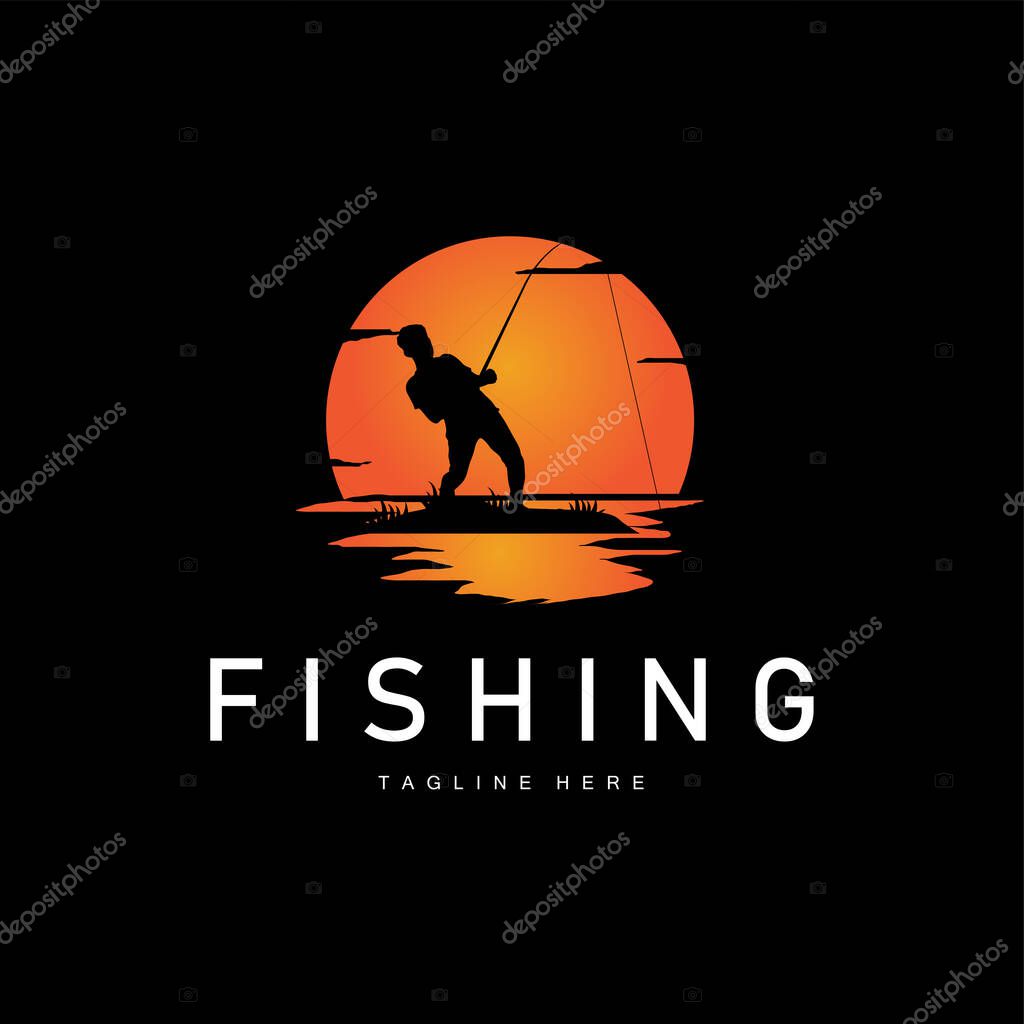 Fishing logo black silhouette angler design and outdoor sunset