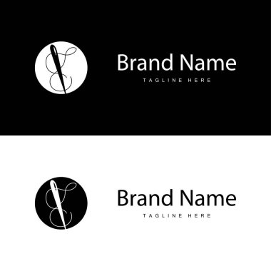 Terzi logosu vektör şablonu iğnesi ve iplik siyah siluet tasarımı basit dikiş aracı ürün markası