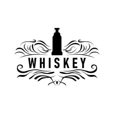 Viski logosuna sahip eski antika tasarım, bar, kafe, restoran veya iş için basit bir konsept olan bar içkisi, ticari marka ve ürün örnekleme şablonu olarak
