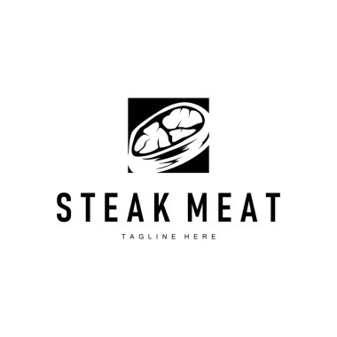 Biftek logosu tasarımı konsepti biftek eti bbq basit illüstrasyon sembolü yiyecek eti, lezzetli marka kafe ve restoran işletmesi.