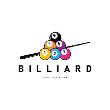Bilardo kulübü logosu tasarım vektör oyun rozet şablonu top ile bilardo masası ve basit illüstrasyon şablonu