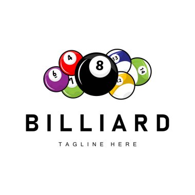 Bilardo kulübü logosu tasarım vektör oyun rozet şablonu top ile bilardo masası ve basit illüstrasyon şablonu