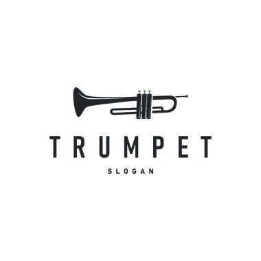 Trompet logosu tasarımı rüzgar müzik enstrümanı resim müziği melodisi ile siyah siluet basit trompet sembolü şeytana uyma ikonu