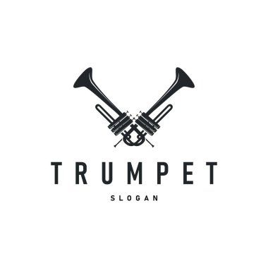 Trompet logosu tasarımı rüzgar müzik enstrümanı resim müziği melodisi ile siyah siluet basit trompet sembolü şeytana uyma ikonu
