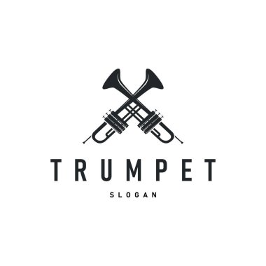 Trompet logosu tasarımı rüzgar müzik enstrümanı resim müziği melodisi ile siyah siluet basit trompet sembolü şeytana uyma ikonu