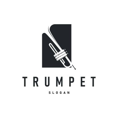 Trompet logosu tasarımı rüzgar müzik enstrümanı resim müziği melodisi ile siyah siluet basit trompet sembolü şeytana uyma ikonu
