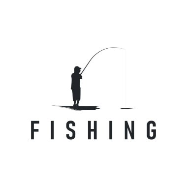 Balıkçı logosu kavramı siyah siluet balıkçı oltası basit bir sembol tasarımı ile
