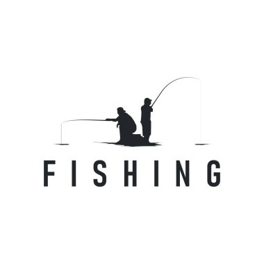 Balıkçı logosu kavramı siyah siluet balıkçı oltası basit bir sembol tasarımı ile