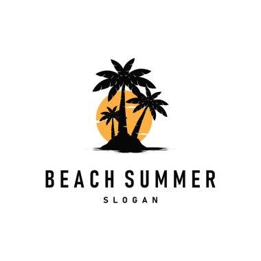 Yaz plajı logosu basit minimalist tasarım hindistan cevizi ağacı siyah minimalist silueti ve plaj atmosferi çizim sembolü