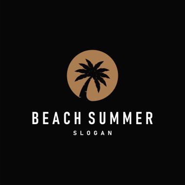 Yaz plajı logosu basit minimalist tasarım hindistan cevizi ağacı siyah minimalist silueti ve plaj atmosferi çizim sembolü