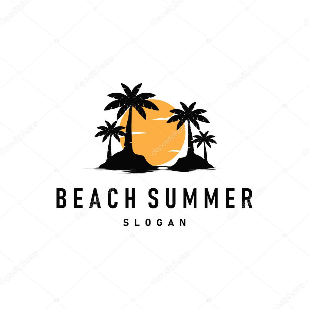 Summer beach logo simple minimalist design coconut tree with black minimalist silhouette with beach atmosphere illustration template concept symbol