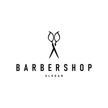 Berber dükkanı logosu, eski moda makas ve ustura kavramına sahip bir berber dükkanı konsepti ayrıca sembol tasvirinin havalı ve minimalist berber tüp ikonu.