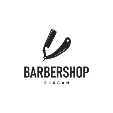 Berber dükkanı logosu, eski moda makas ve ustura kavramına sahip bir berber dükkanı konsepti ayrıca sembol tasvirinin havalı ve minimalist berber tüp ikonu.