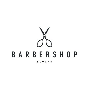 Berber dükkanı logosu, eski moda makas ve ustura kavramına sahip bir berber dükkanı konsepti ayrıca sembol tasvirinin havalı ve minimalist berber tüp ikonu.