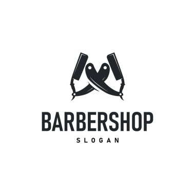 Berber dükkanı logosu, eski moda makas ve ustura kavramına sahip bir berber dükkanı konsepti ayrıca sembol tasvirinin havalı ve minimalist berber tüp ikonu.