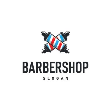 Berber dükkanı logosu, eski moda makas ve ustura kavramına sahip bir berber dükkanı konsepti ayrıca sembol tasvirinin havalı ve minimalist berber tüp ikonu.