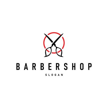 Berber dükkanı logosu, eski moda makas ve ustura kavramına sahip bir berber dükkanı konsepti ayrıca sembol tasvirinin havalı ve minimalist berber tüp ikonu.